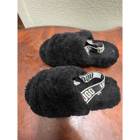 UGG Fluff Yeah Slide Slippers Black Womens Size 6 Sheepskin Wool - Picture 4 of 10